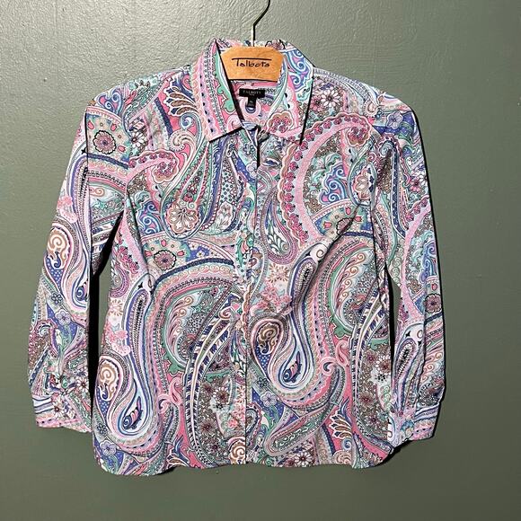 Talbots Petite Vibrant Paisley Button-Down Shirt Pink Blue Green Blouse - Picture 2 of 7